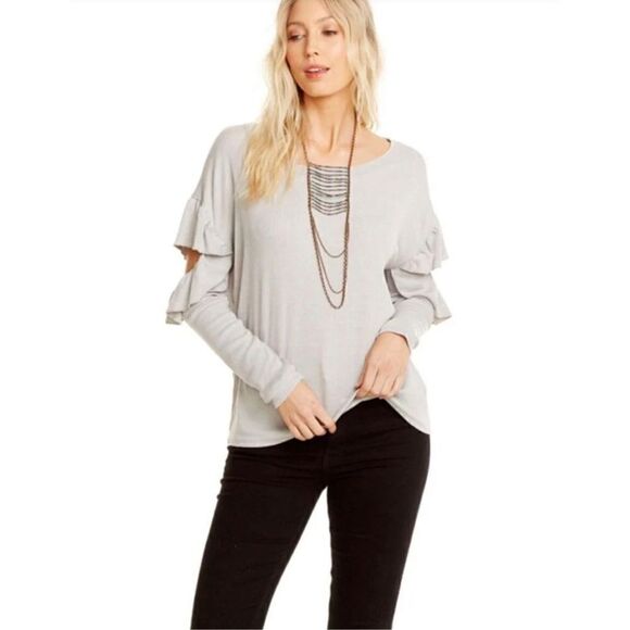 Chaser Vintage Rib Long Sleeve Vented Ruffle‎ Dolman Top in Cruise Gray Size M - Picture 9 of 10